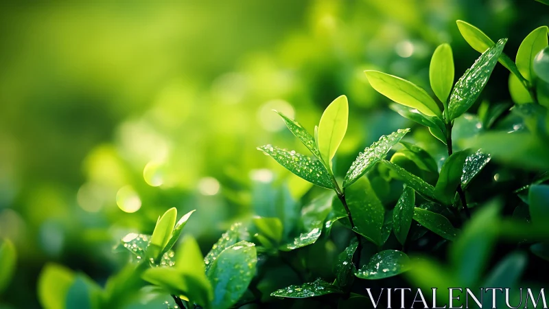 Morning dew on fresh green leaves in soft golden sunlight.