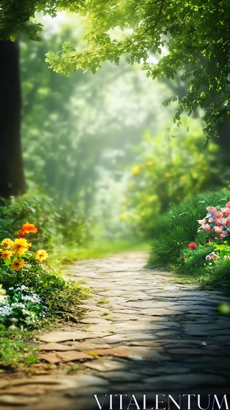 Garden pathway with stone walkway beneath dappled green canopy and flowering borders