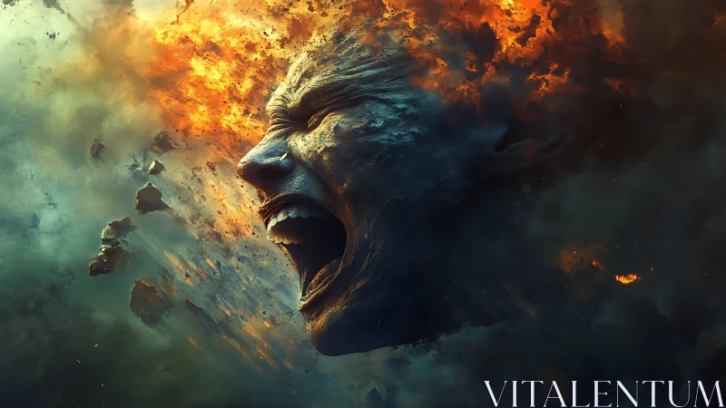 Exploding stone face erupts in fiery cosmic storm of rage.