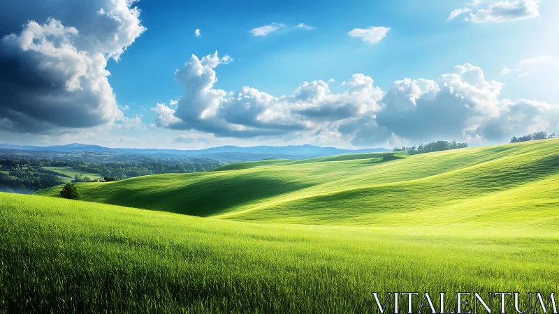 Sunlit velvet hills breathe beneath a drifting summer sky.