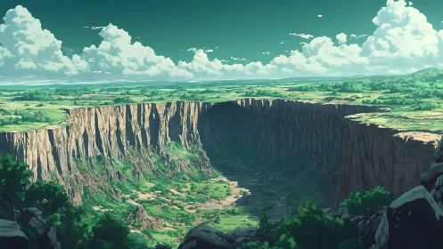 Eroded megacanyon basin under stratocumulus-laden sky panorama.