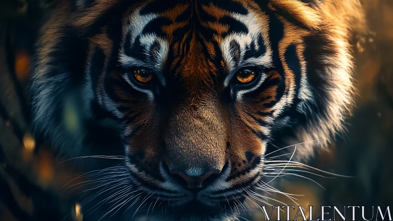 Majestic tiger stares through forest dusk with blazing resolve