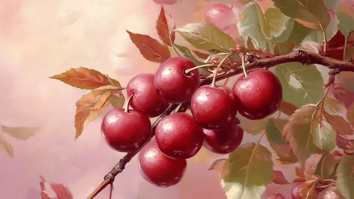 Ripe red cherries glow on a branch in dreamy pink light