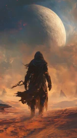 Hooded wanderer crossing irradiated desert under looming moon