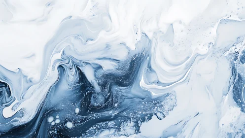 Blue and white fluid marble abstract with smooth swirls.