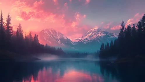 Digital painting alpine lake at dusk with mirrored mountains.