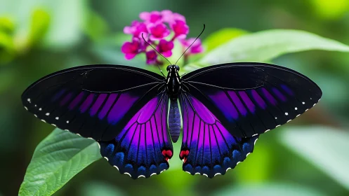 Purple and black butterfly on leaf with blurred flowers.
