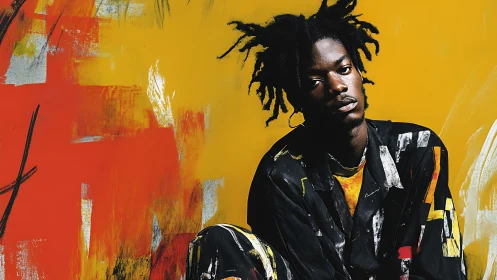 Painterly portrait captures soulful gaze against bold mural