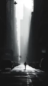 Solitary figure walks through misted high-contrast city canyon.