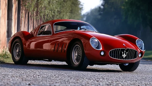 Red classic sports coupe is parked on a gravel roadway