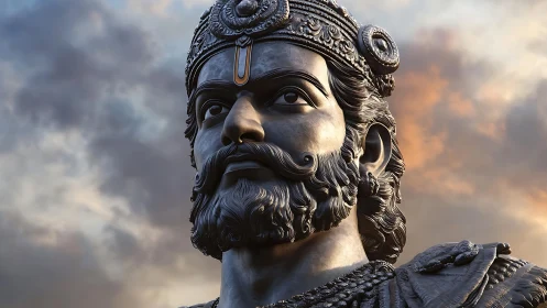Regal bearded warrior statue rendered in detailed 3D lighting