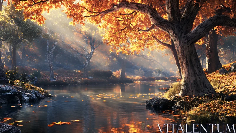 Gold lit autumn river under radiant forest canopy.