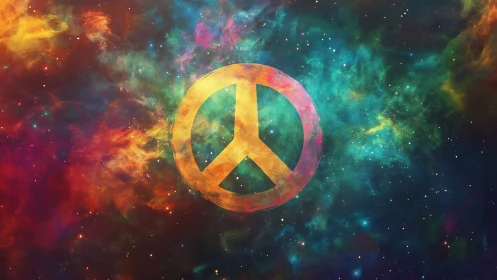Nebular peace symbol glowing in vibrant cosmic clouds.