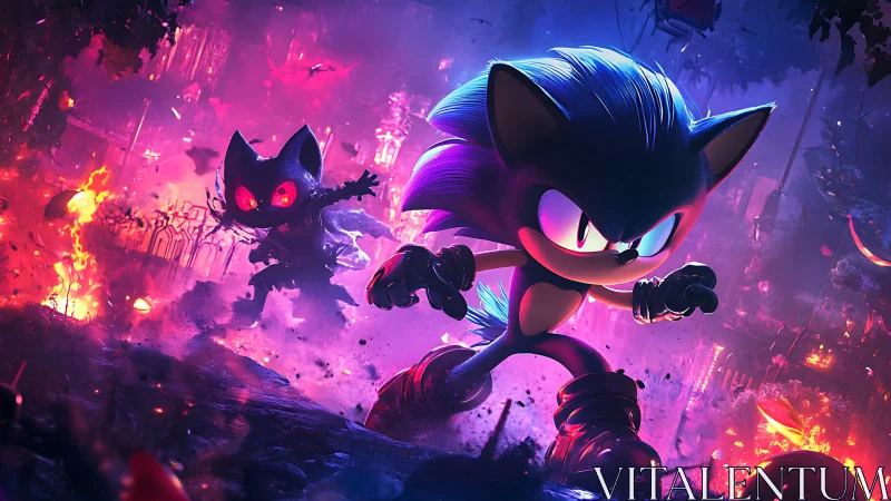 Blue hedgehog hero charges through burning neon cityscape.