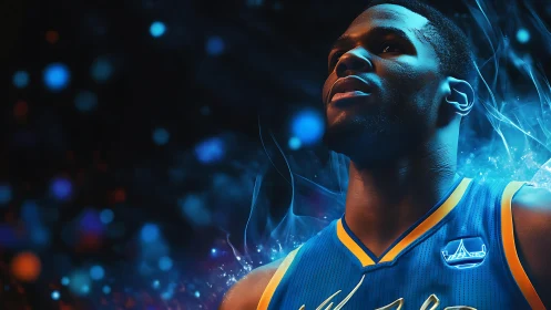 Basketball player in blue jersey stands amid glowing particles