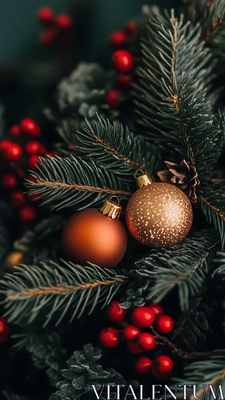 Gold and copper ornaments on evergreen Christmas branches.