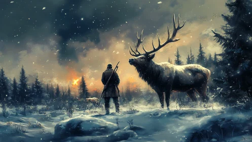 Hunter Confronts Massive Stag in Frozen Wilderness.