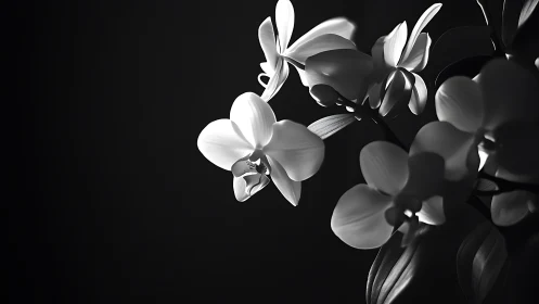 Monochrome orchid blossoms in dramatic chiaroscuro lighting.