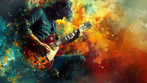 Electric guitarist lost in colorful, heart-racing soundscapes.