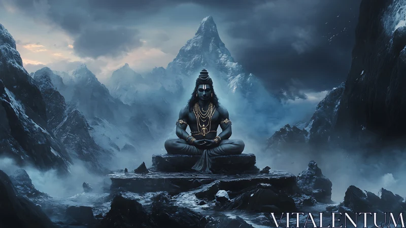 Shiva meditates on icy Himalayan peak under storm clouds.