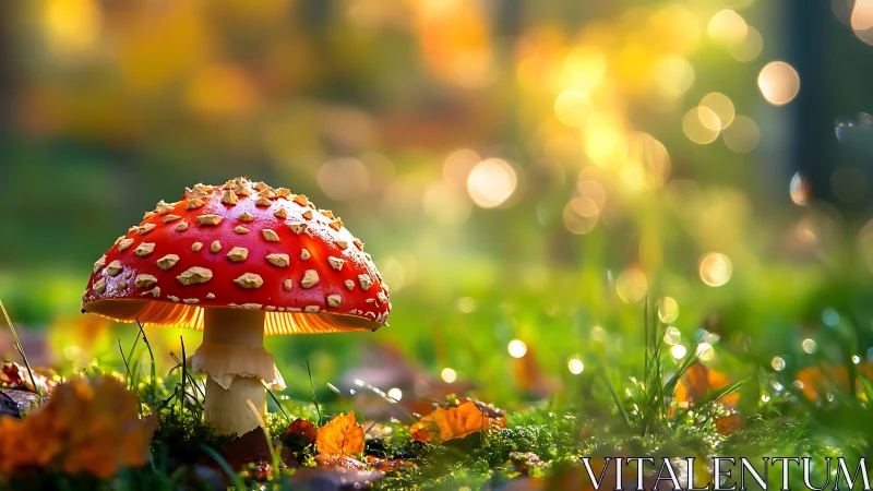 Fly agaric mushroom on forest floor in soft autumn light.