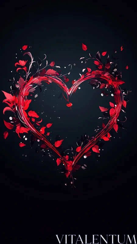 Glowing Red Heart with Floral Flourish on Dark Background.