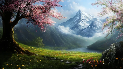 Glacial summit framed by luminous spring valley floralscape.