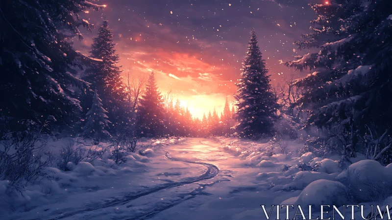 Digital painting of luminous winter forest path at dusk.