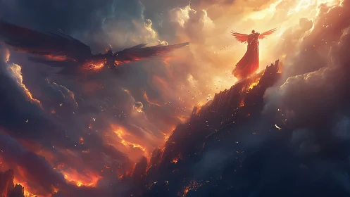 Radiant winged guardian watching over a fiery clouded sky.