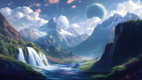 Distant waterfalls sparkle beneath snowy peaks and gentle skies