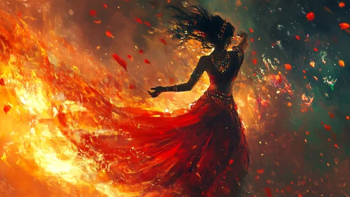 Inferno Dance: Silhouetted Figure Engulfed in Molten Fire and Embers