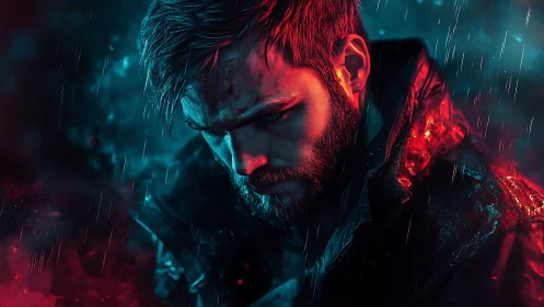 Cyberpunk rain portrait with dual-tone cinematic lighting.