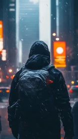 Hooded figure with backpack in snowy urban night scene.