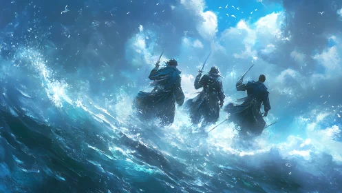 Storm-walking swordsmen advance across a raging ocean sky.