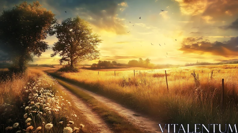 Golden country lane glowing softly in the gentle sunset light.