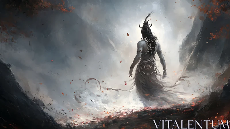 Mythic ascendant figure amid turbulent atmospheric vortex field.