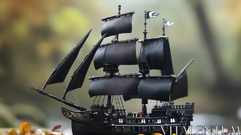 Macro shot of black plastic pirate ship model with sails set