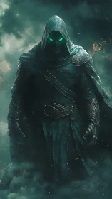 Armored spectral assassin with glowing eyes in volumetric fog