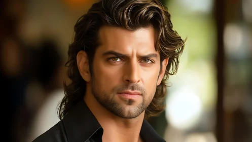 Intense male portrait in softly blurred urban ambiance.