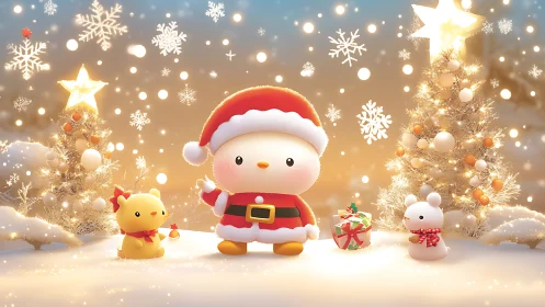 Kawaii winter micro-scene with chibi Santa and mascots.