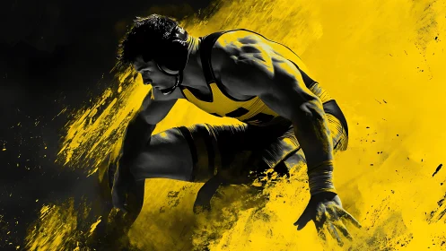 Male wrestler in crouched pose is framed by yellow splashes
