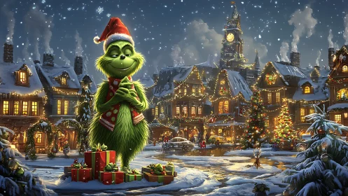Grinch in a glowing Christmas village embraces festive warmth
