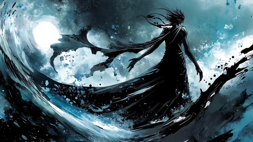 Shadow figure commands storm waves under cold moon.