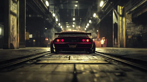 Low-slung tuner car in moody industrial night rain scene.