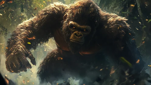Mighty jungle gorilla striding through swirling golden light.