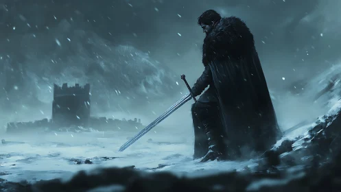 Solitary black-cloaked swordsman in blizzard beside ruined fortress.