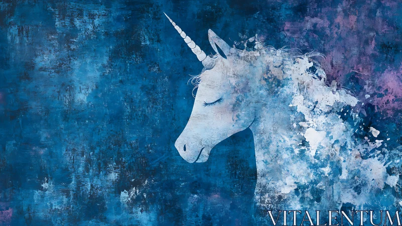 Ethereal blue unicorn portrait in textured abstract field.