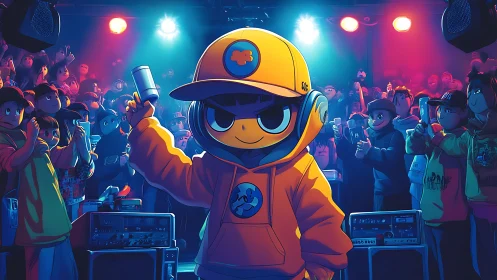 Neon crowd kid DJ crowns the night with cartoon swagger.