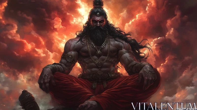 Mythic warrior sage meditating amid burning storm clouds.