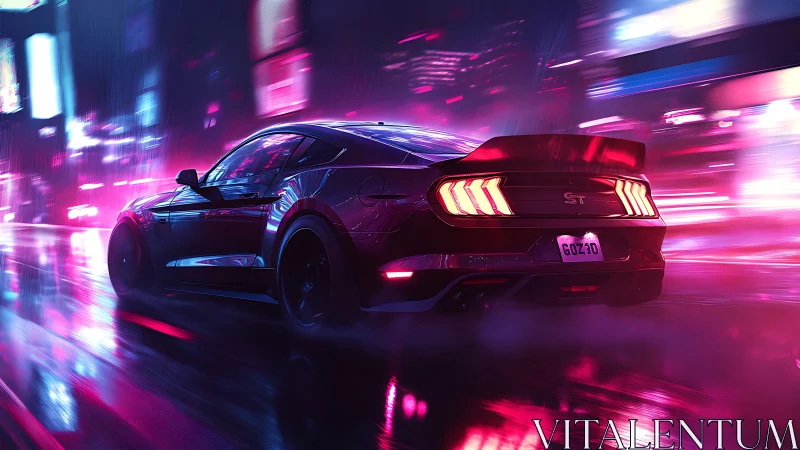 Sports coupe on wet neon city street at night in motion.